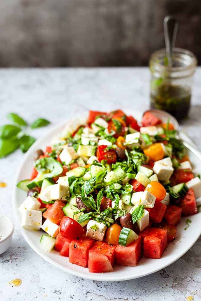 Greek Watermelon Feta Salad With Basil Dressing Recipe Savvy Bites