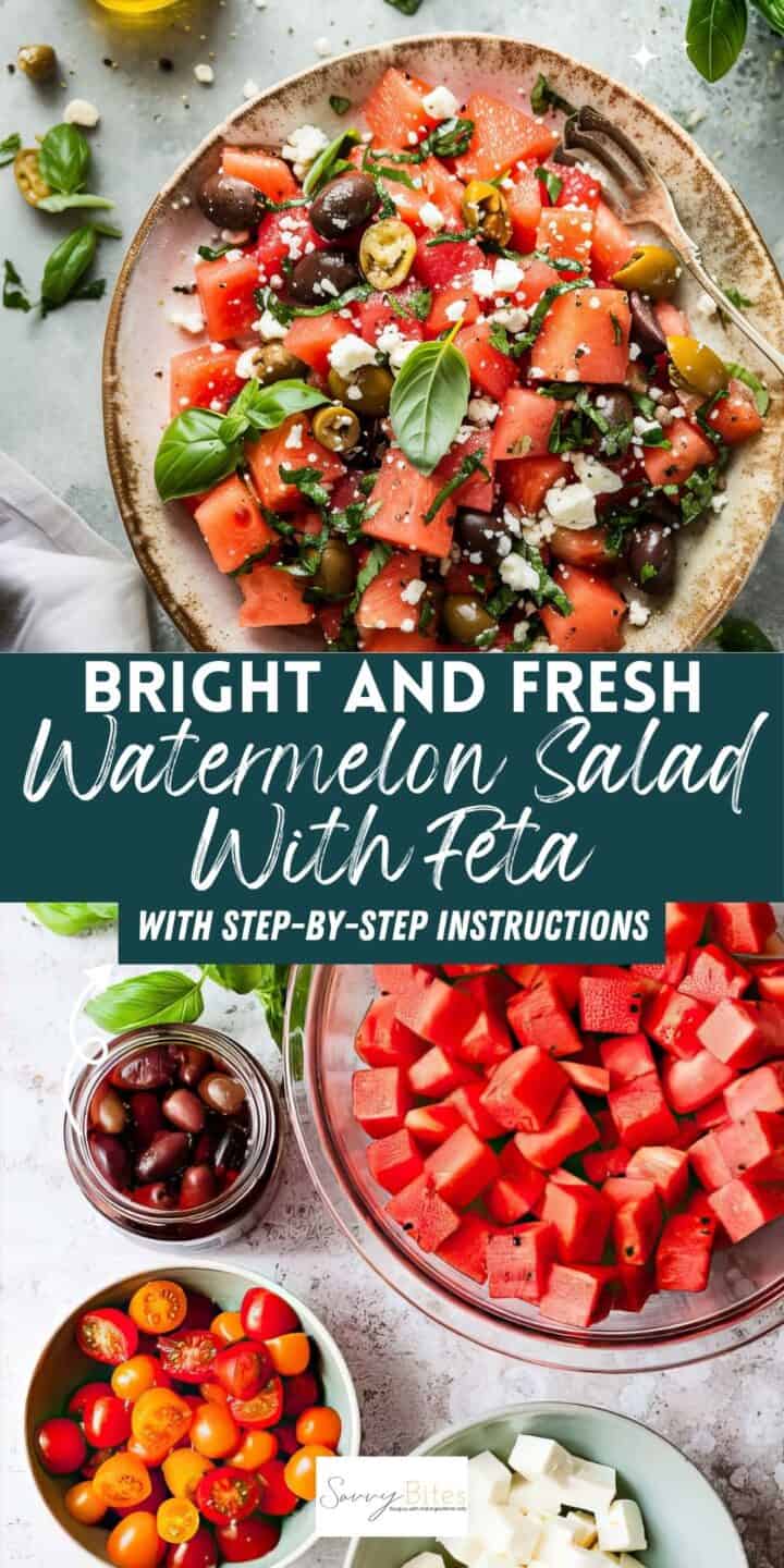 Watermelon and feta salad on a bowl with basil dressing.