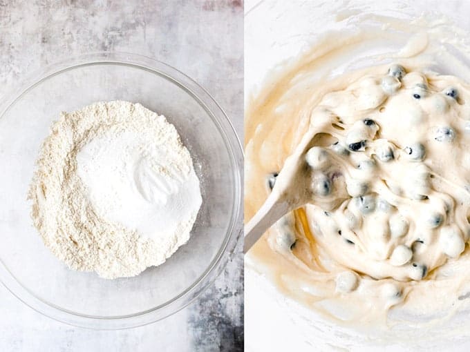 Step 2 & 3 making easy blueberry muffins. Bowls on a white table.