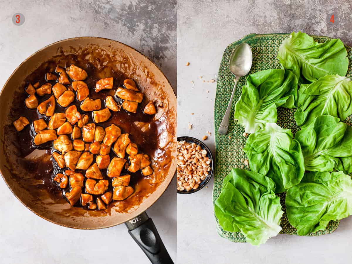 Searing chicken with sauce for lettuce wraps.