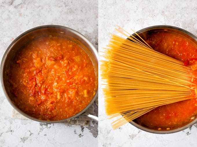 Step 2 & 3 of making creamy tomato pasta using Aldi ingredients.