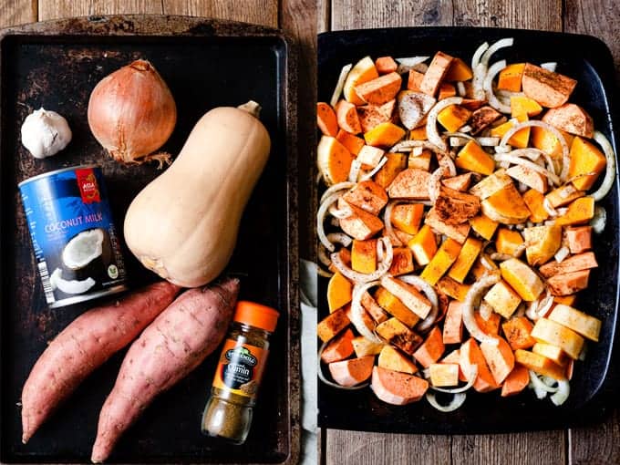 Step 1 & 2 for making sweet potato soup with Aldi ingredients.