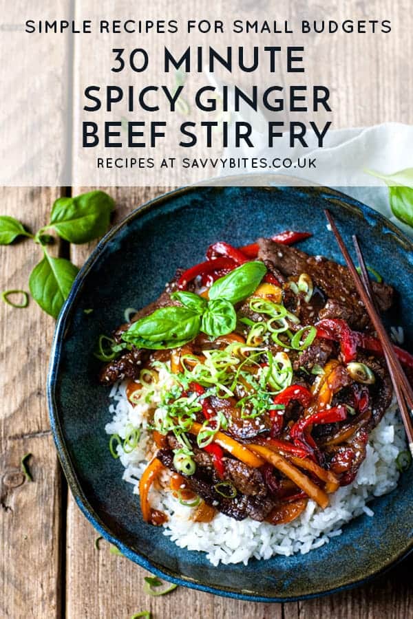 Ginger beef stir fry in a bowl with text overlay.