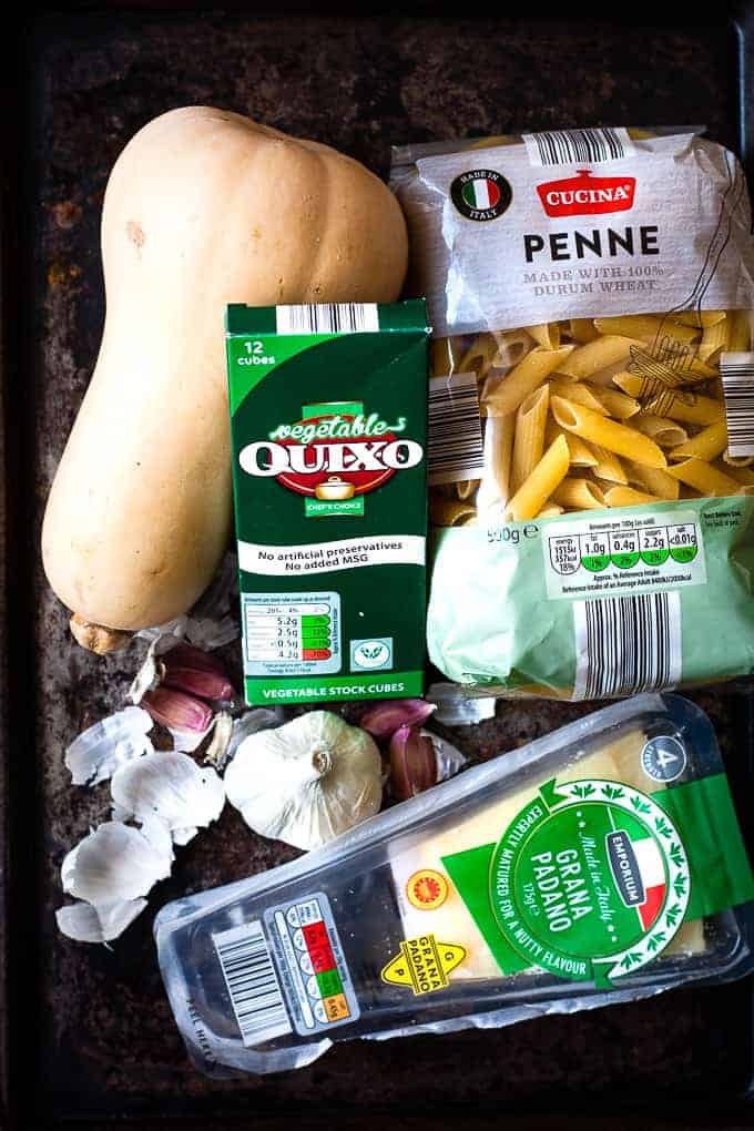 Ingredients from Aldi to make butternut squash pasta.