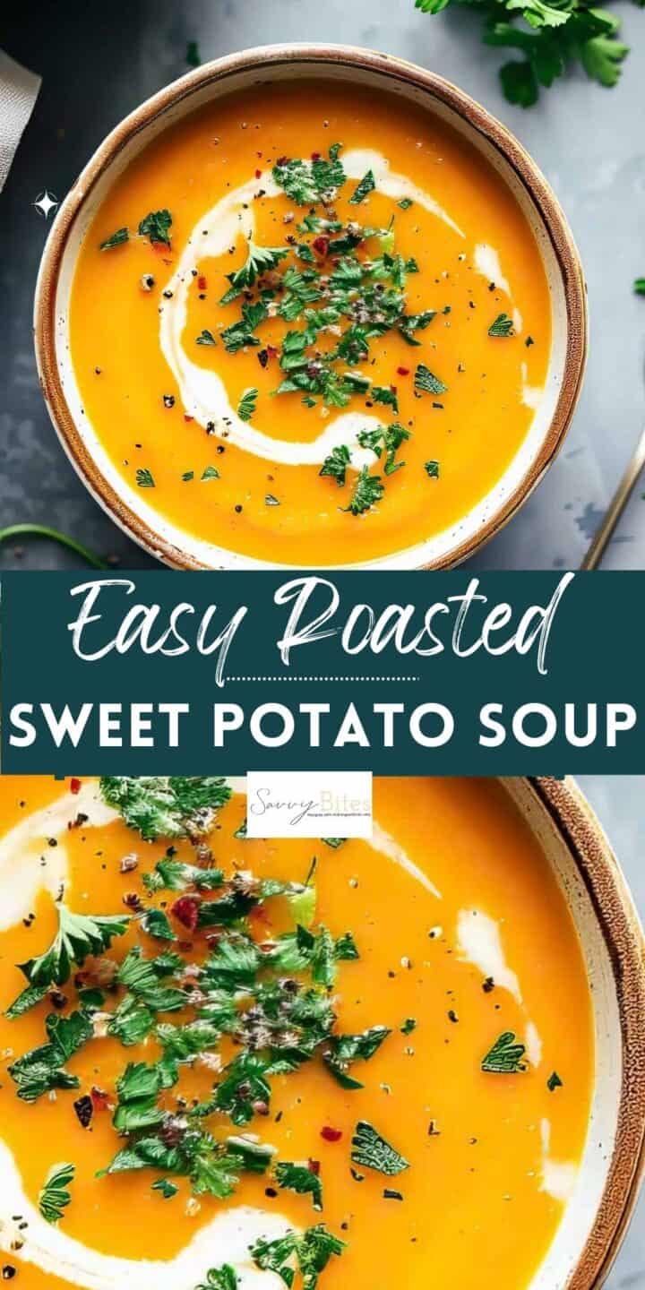 Roasted butternut squash and sweet potato soup in a white bowl.