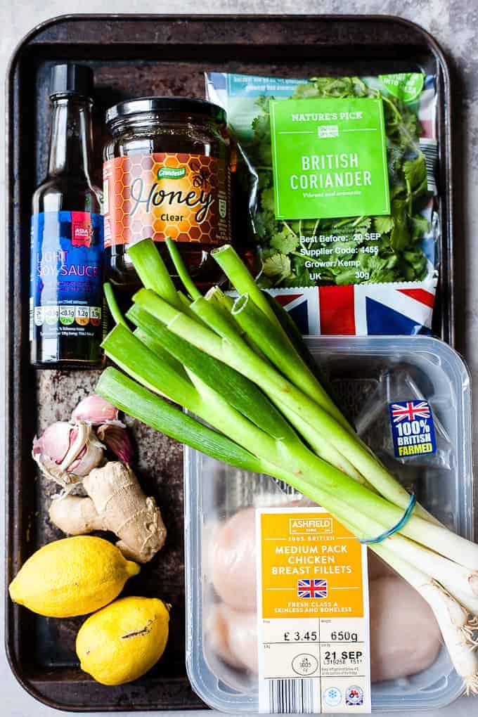 Ingredients for making Chinese lemon chicken on a table.