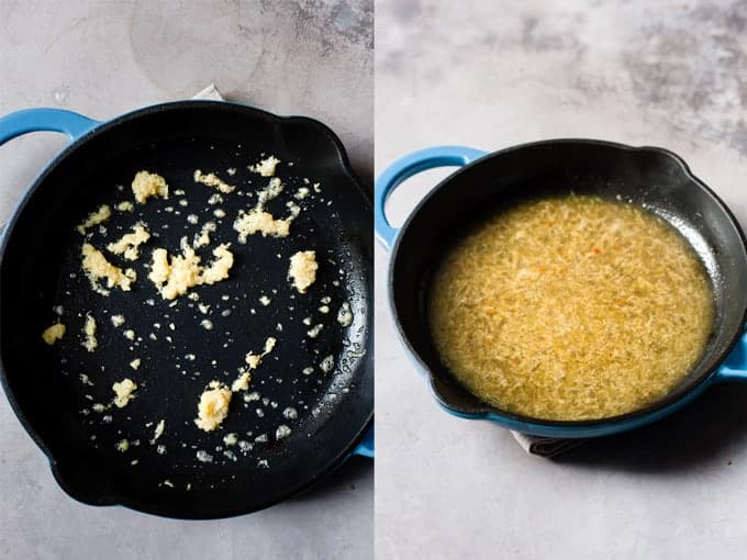 Sticky honey lemon garlic sauce in a pan for chicken.