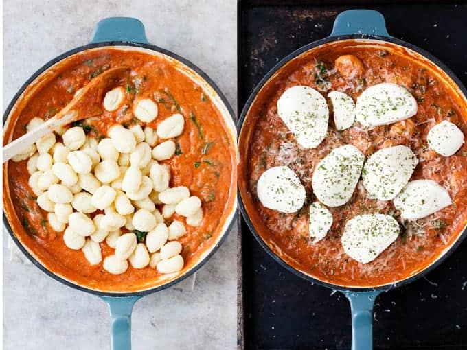 Adding gnocchi to a pan and topping with mozzarella.