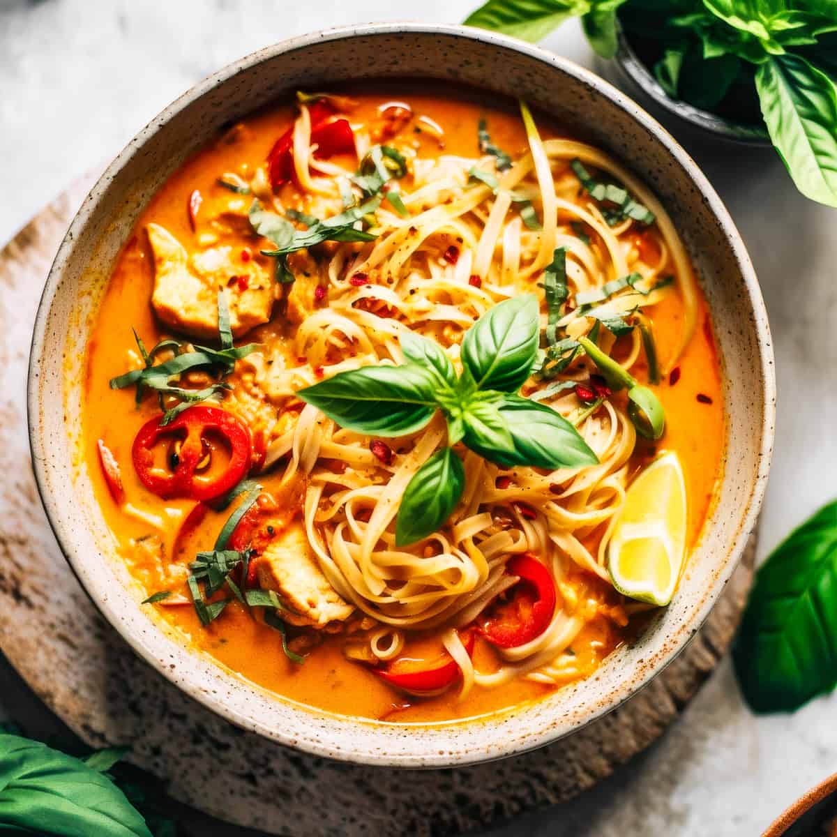 Red Curry Thai noodles with chicken and basil in a white bowl.