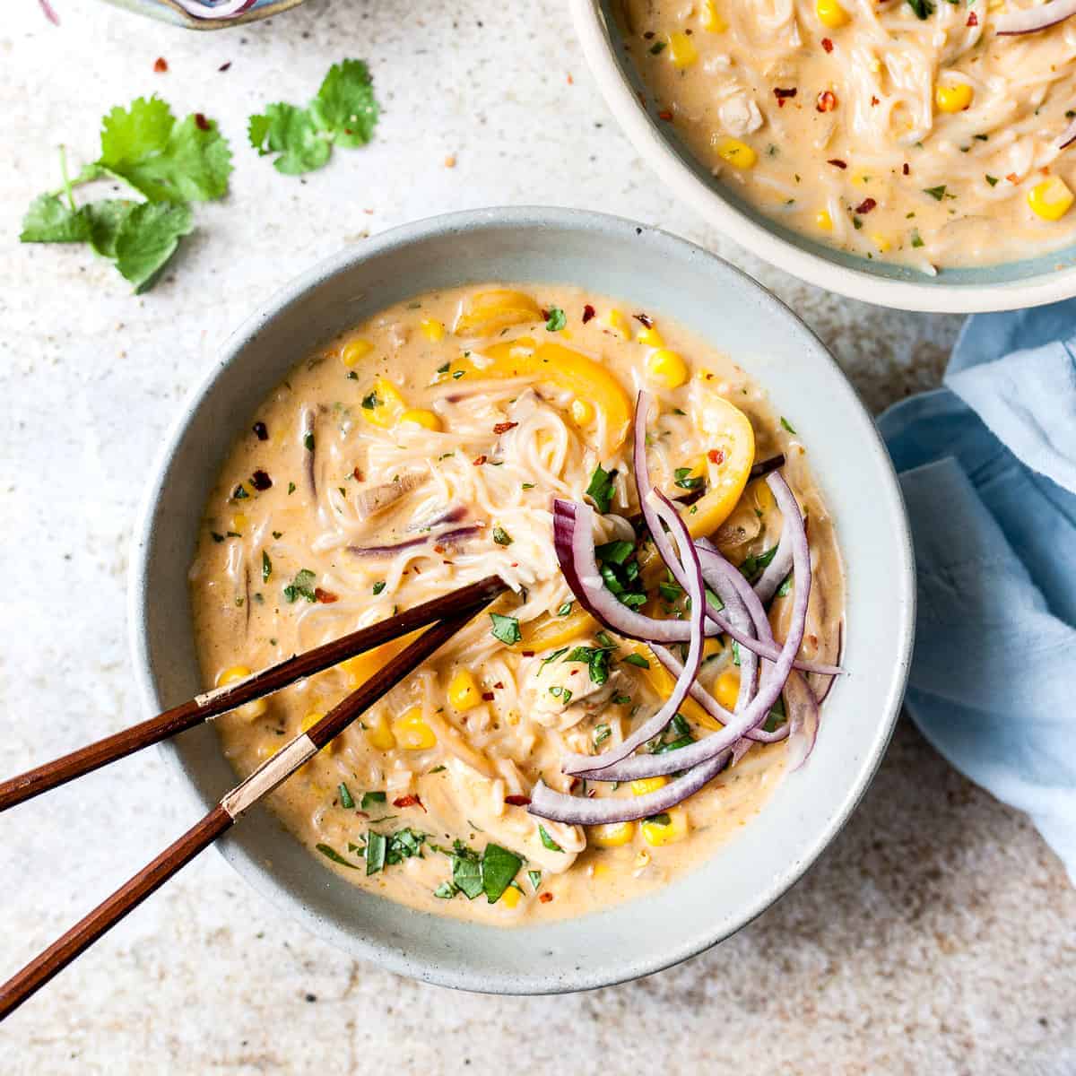 Creamy Thai chicken noodle soup made with Aldi Ingredients.