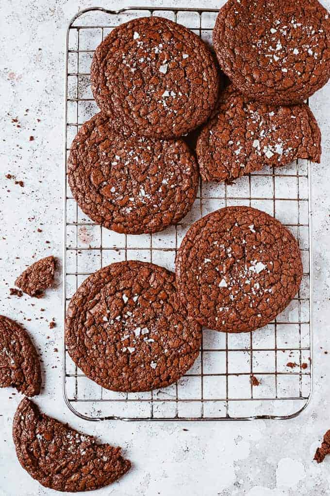 Chocolate biscuits on a white background with sea salt. All Aldi ingredients.