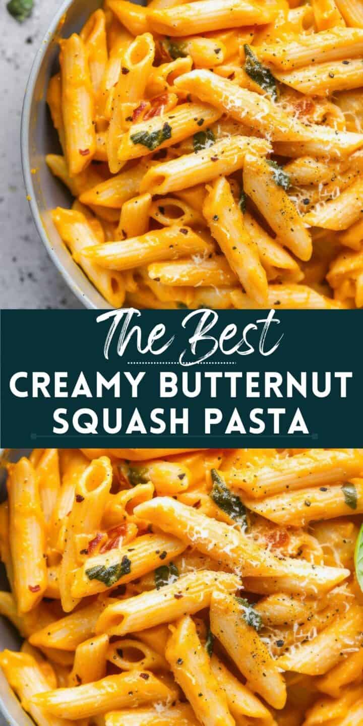 Butternut squash pasta and sauce in a grey bowl.