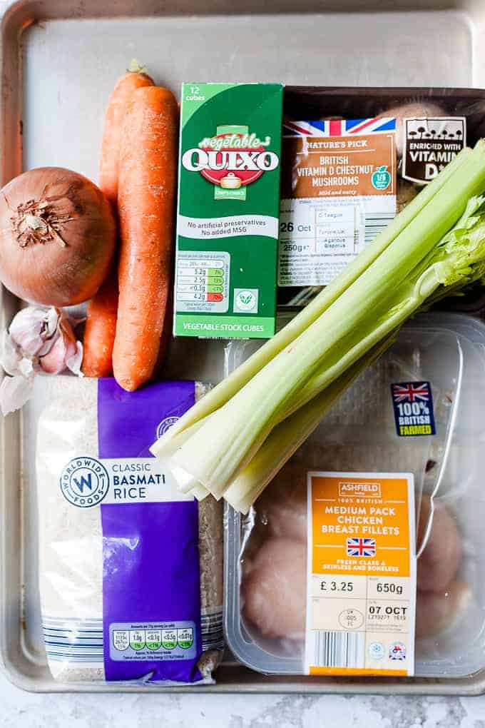 Ingredients for Chicken and rice soup all from Aldi UK