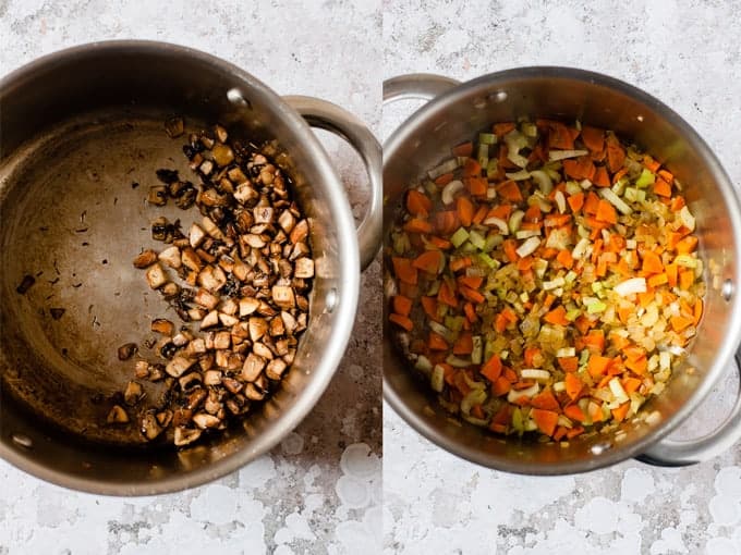 Step 1 & 2 of making chicken and rice soup on the stove top.