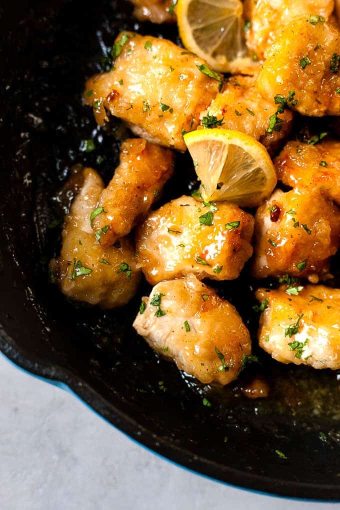 Crispy Chinese lemon chicken in a skillet. All ingredients from Aldi.