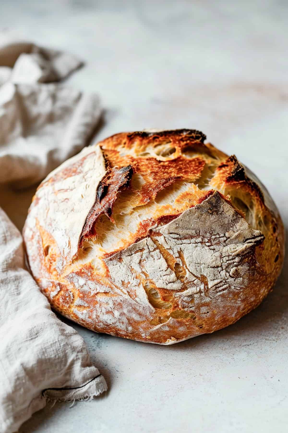 Dutch oven bread on a white table with a baking cloth.