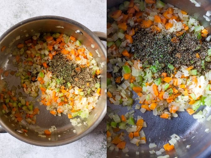 Pasta soup step by step with carrot celery and onion and dried herbs.