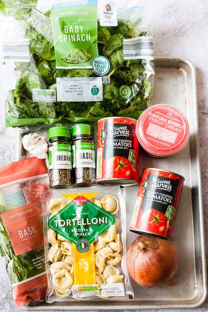 Aldi ingredients for making vegetable pasta soup using tortellini. 