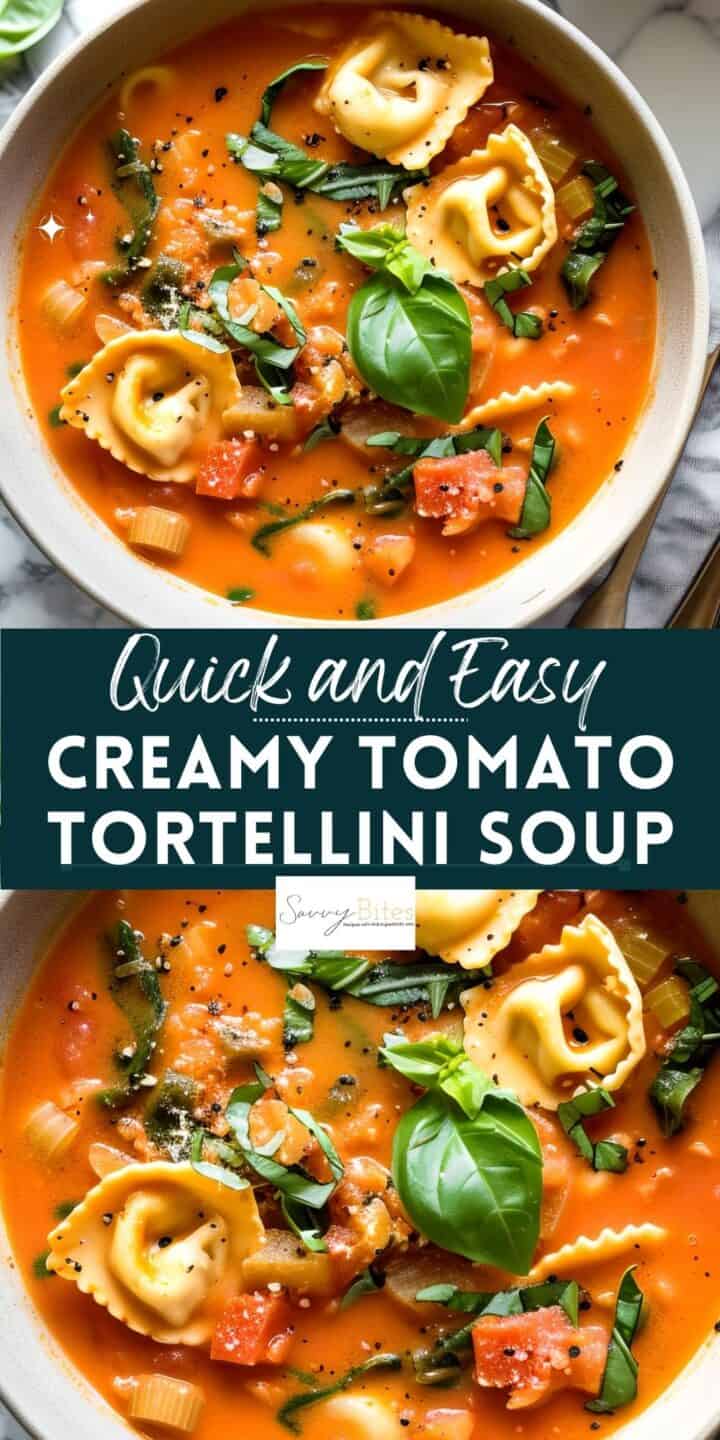 Tortellini pasta soup in a white bowl with basil.