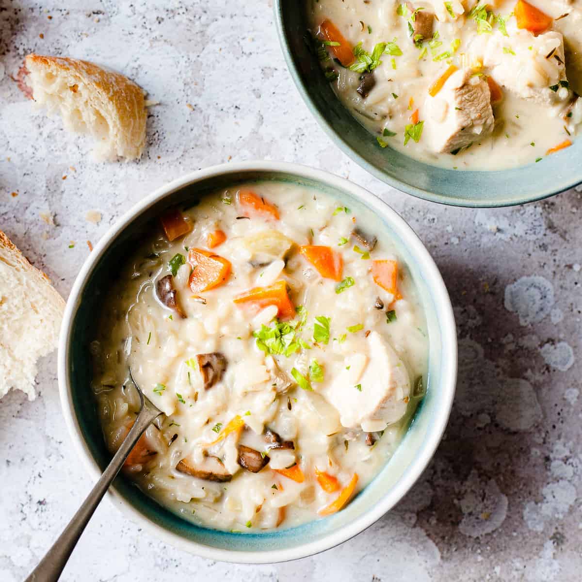 Chicken and rice soup made using Aldi ingredients.
