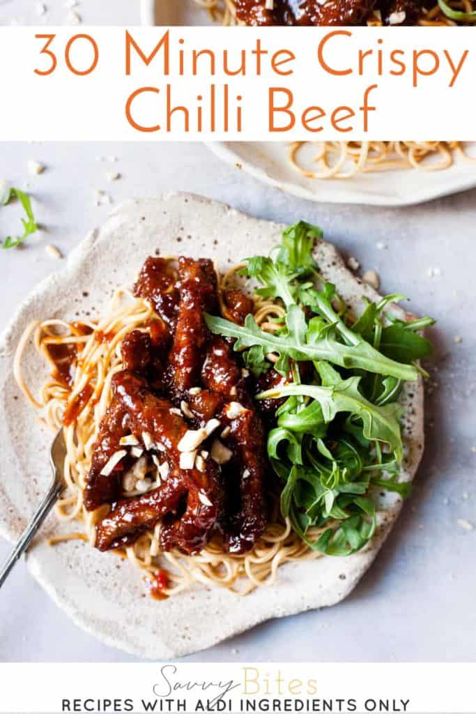 crispy chilli beef with text overlay.