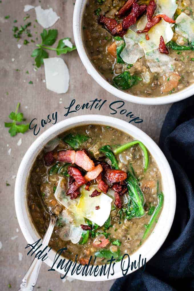 lentil soup with bacon and text overlay