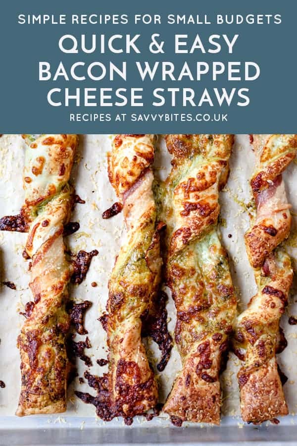 Puff pastry cheese straws with text overlay.