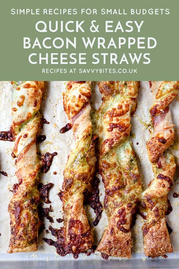 Puff pastry cheese straws with text overlay.