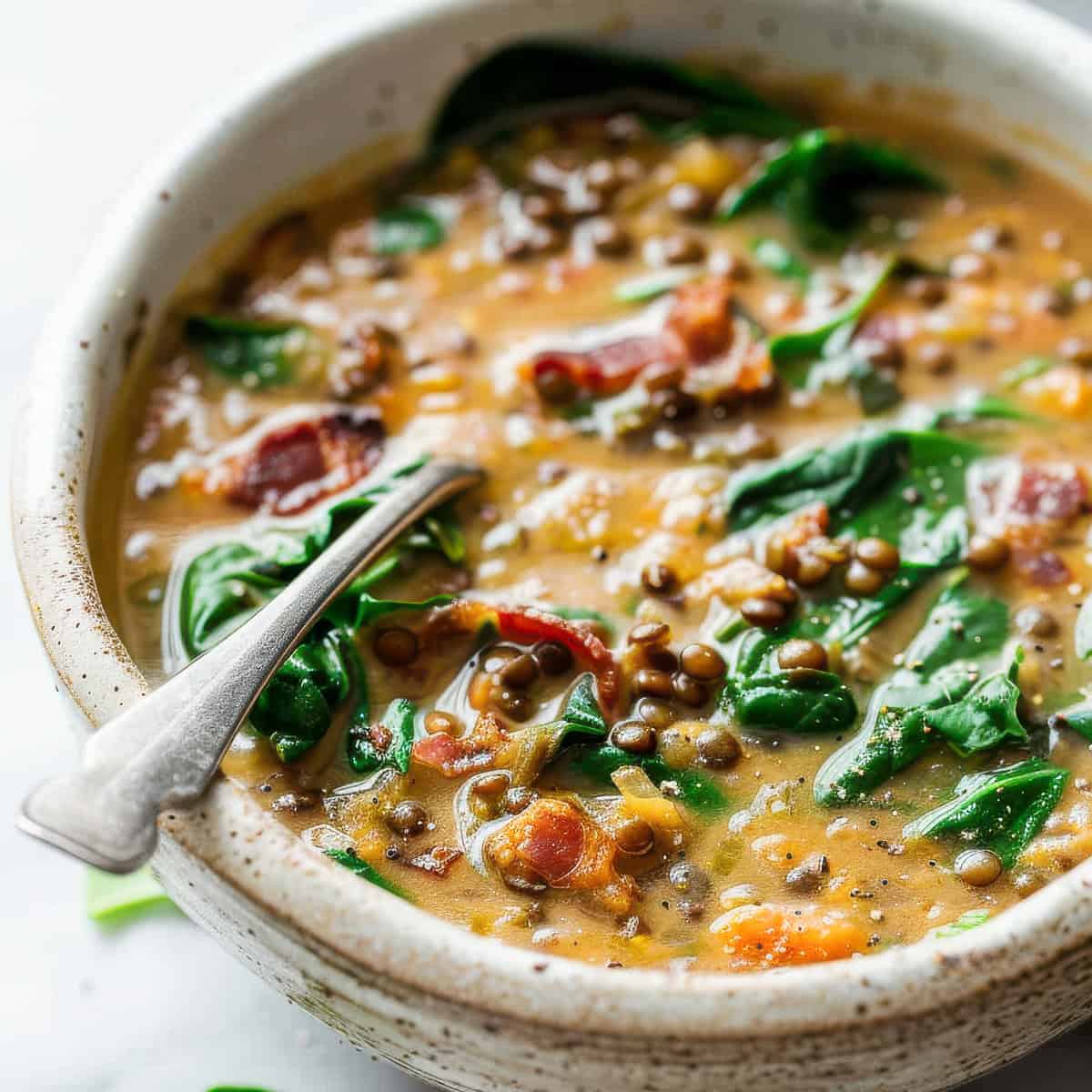 Bacon and lentil soup with spinach in a bowl.