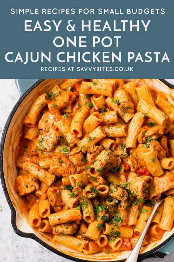 Cajun chicken pasta with text overlay.