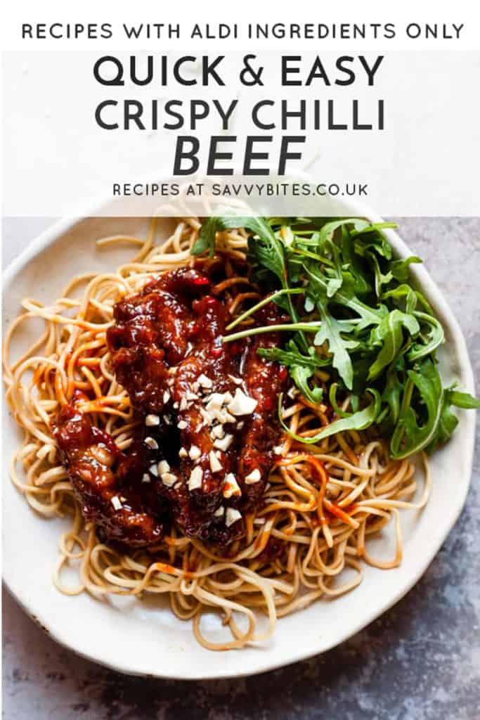 Quick and easy crispy chilli beef with text overlay.