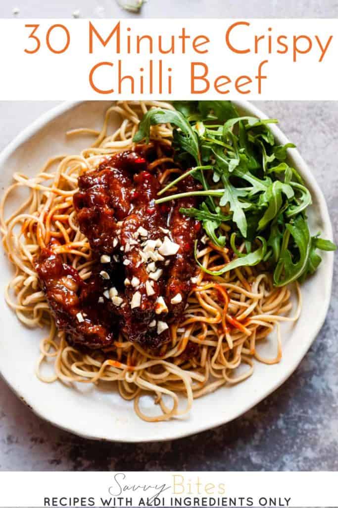 easy crispy chilli beef with text overlay.