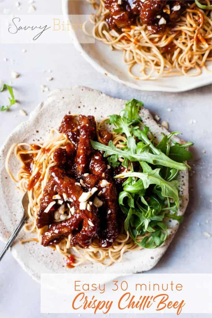 30 minute crispy chilli beef with text overlay.