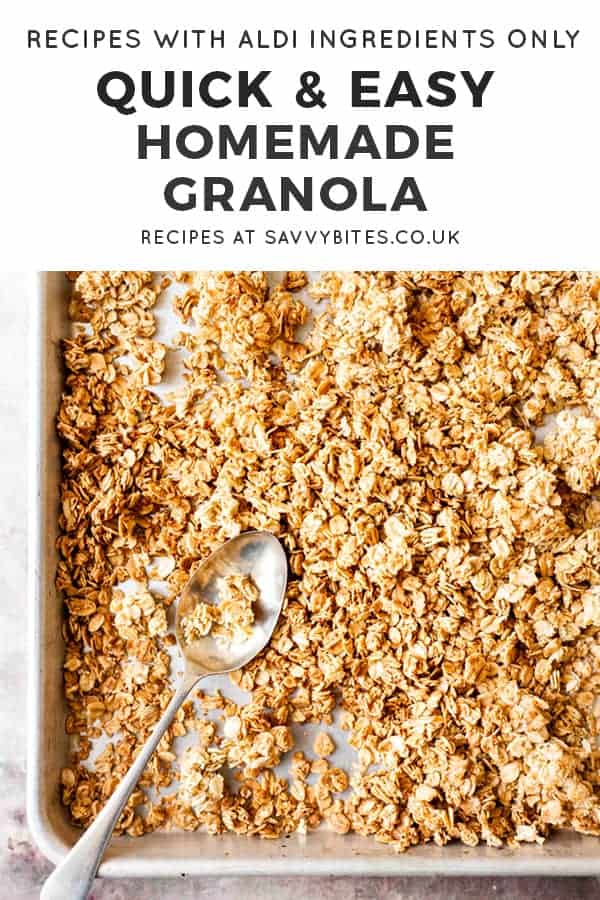 homemade granola on a baking tray with text overlay.