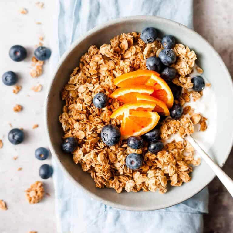 Homemade granola with greek yoghurt and fruit made with Aldi ingredients.