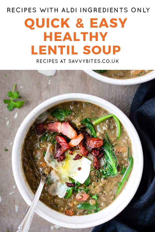 bowl of lentil bacon soup with text overlay