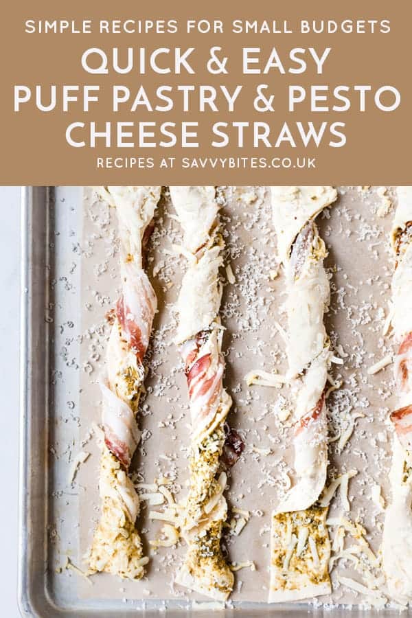 Unbaked Puff pastry cheese straws with text overlay.