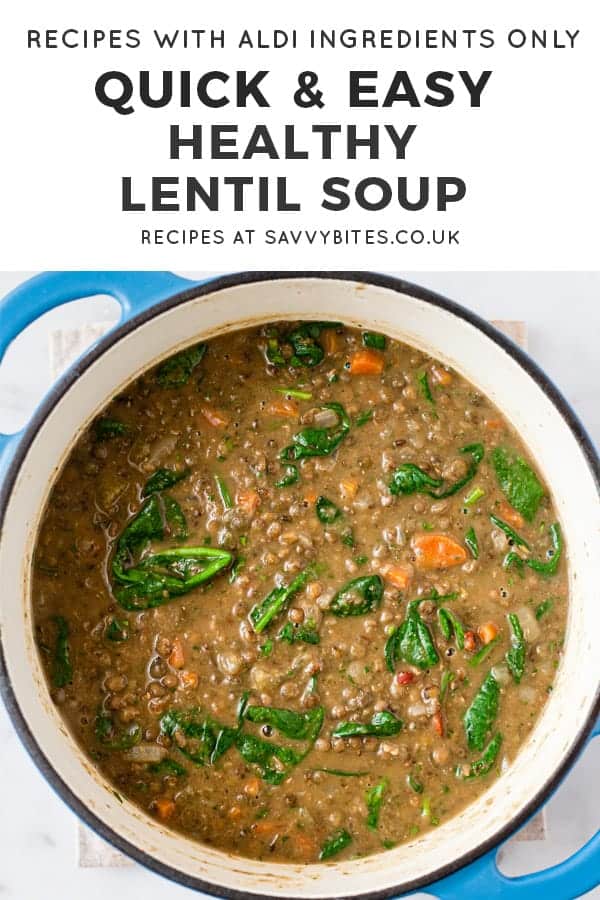 lentil soup in a blue pot with text overlay