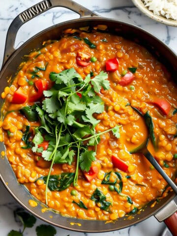 Red lentil dhal curry with tomatoes and spinach.