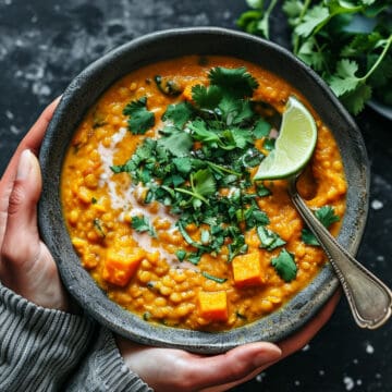 Red lentil dhal curry in a blue bowl.