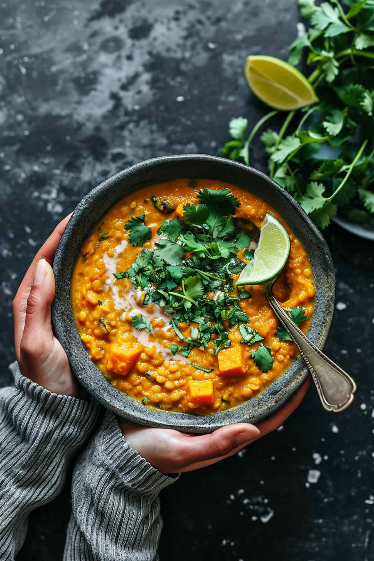 Red lentil dhal curry in a blue bowl.