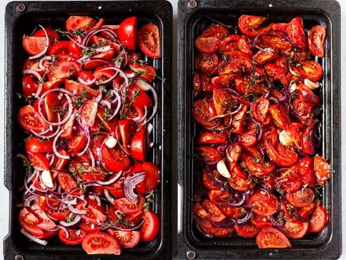 Roasted tomatoes in a roasting pan.