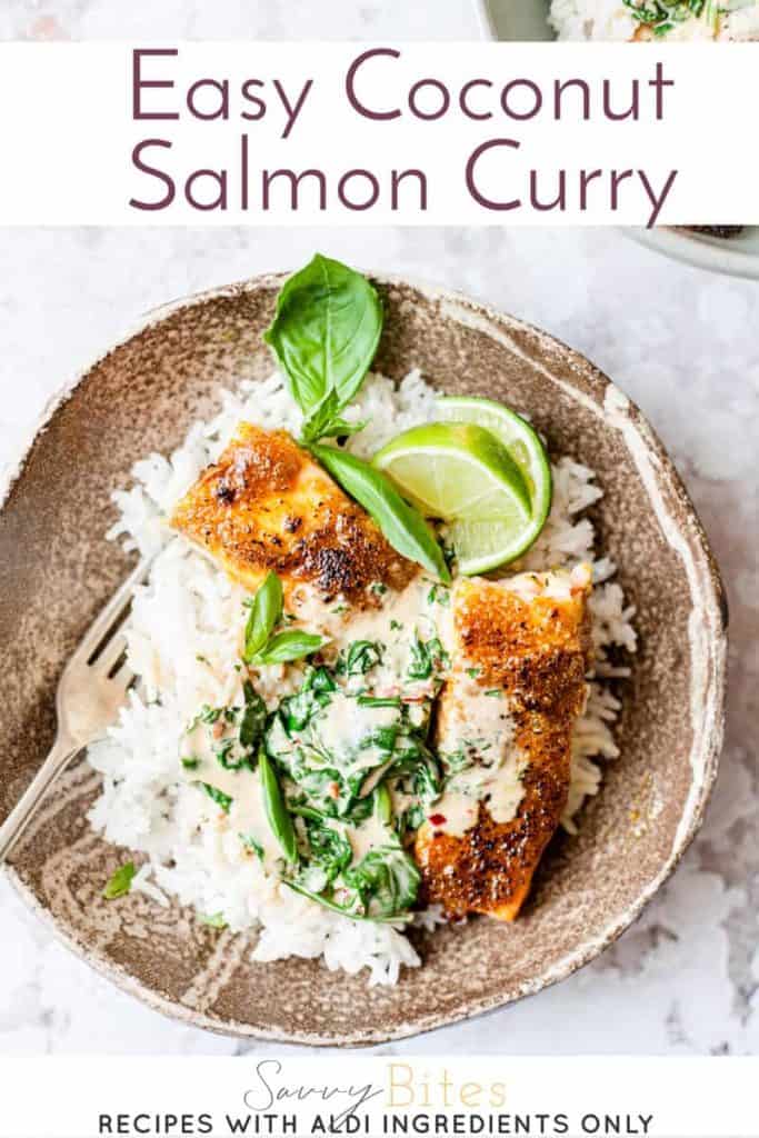 Easy coconut salmon curry in a bowl with text overlay. Aldi ingredients.