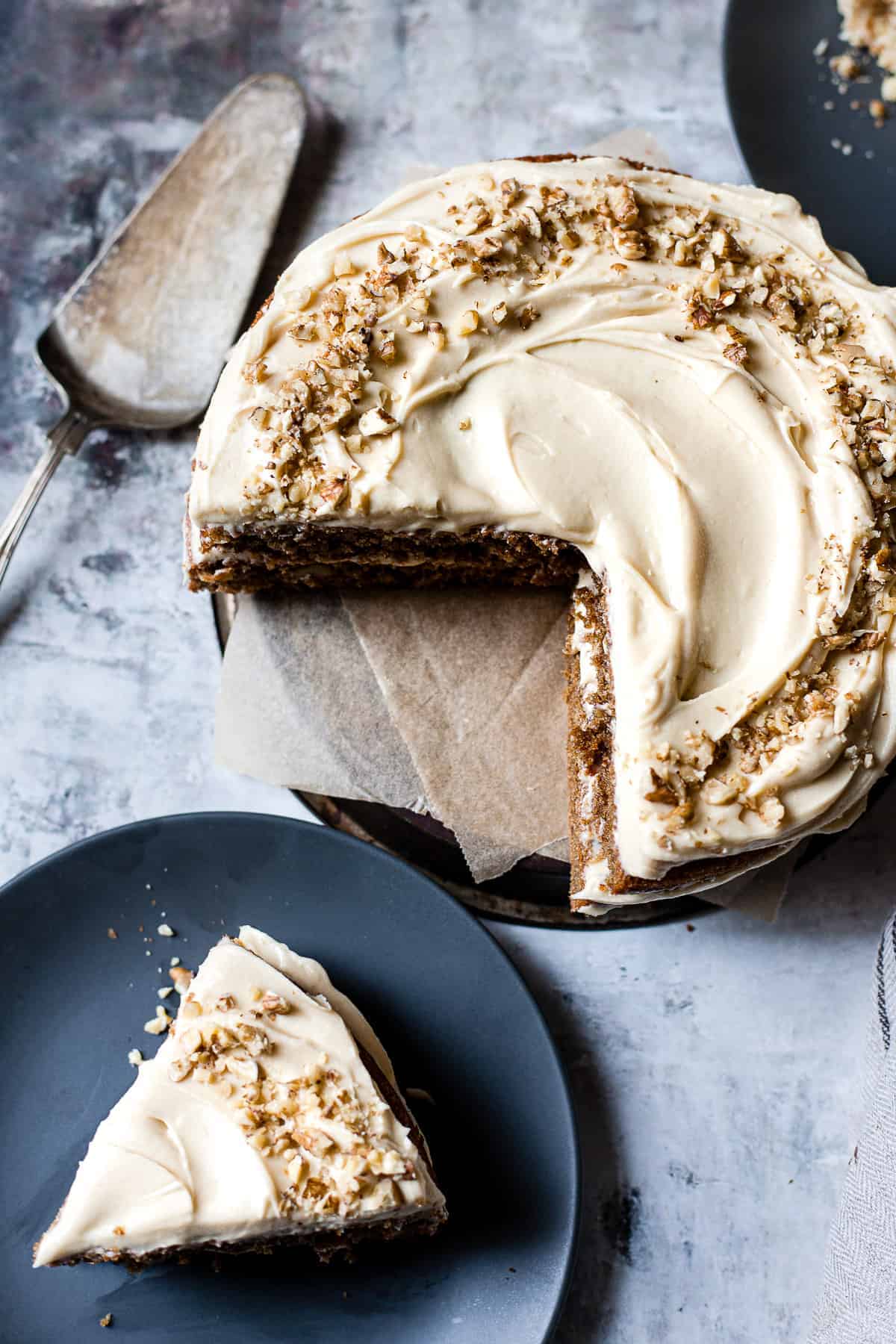 soft and fluffy coffee walnut cake on a blue plate. Aldi ingredients.