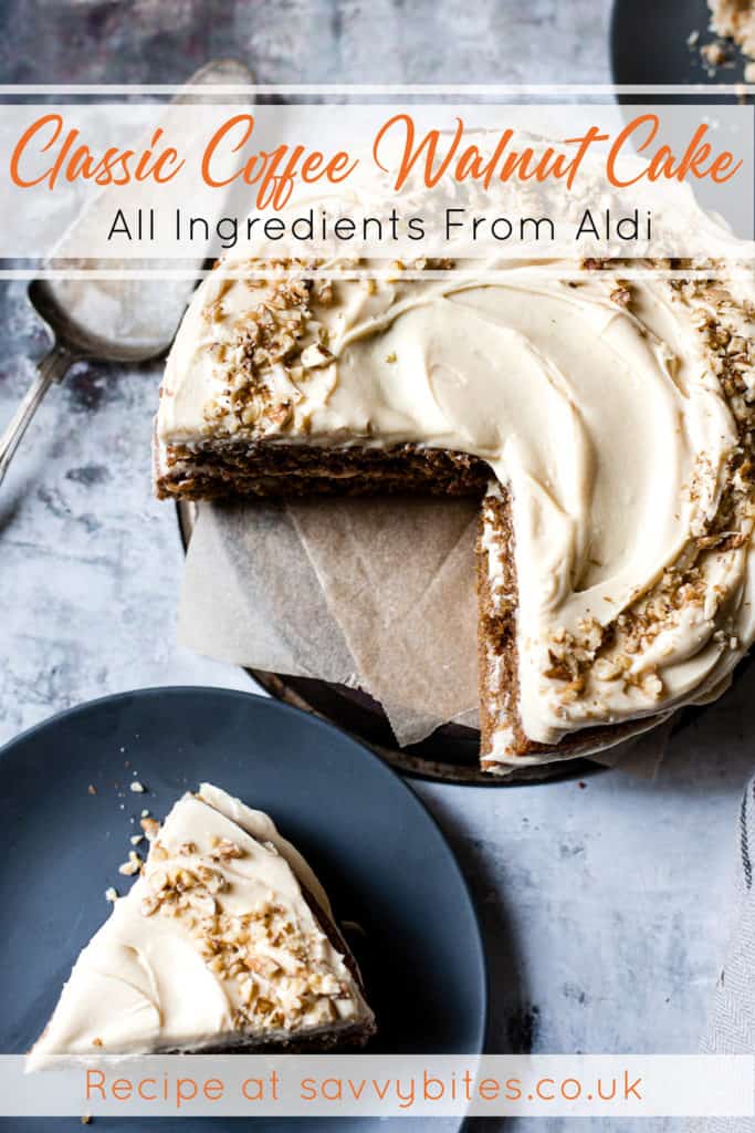 Walnut coffee cake with text overlay on a cake plate. Aldi ingredients.