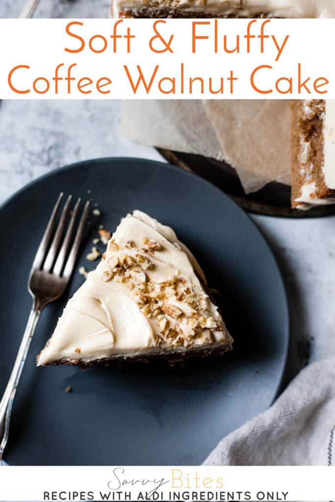 Coffee and walnut cake with text overlay.