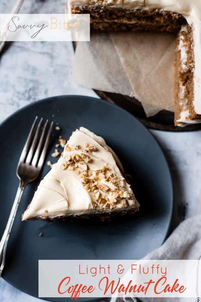Slice of walnut and coffee cake on a black plate. Text overlay and Aldi ingredients.