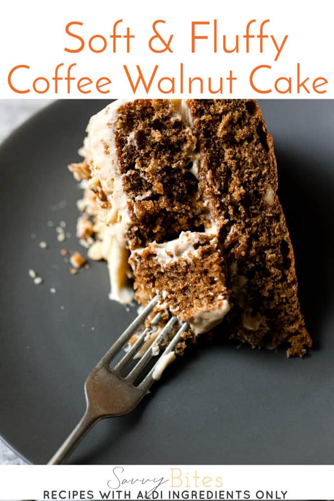 Slice of walnut and coffee cake with text overlay.