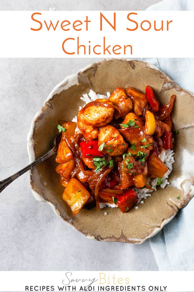 Quick and easy sweet and sour chicken with a text overlay.