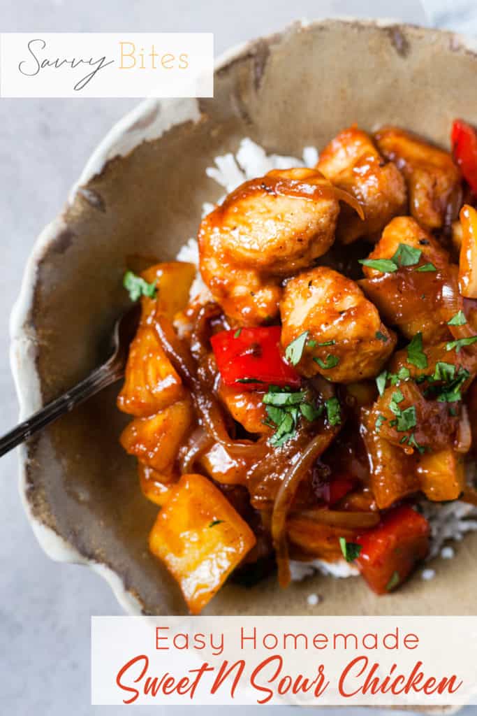 easy Sweet and sour chicken in a grey bowl.